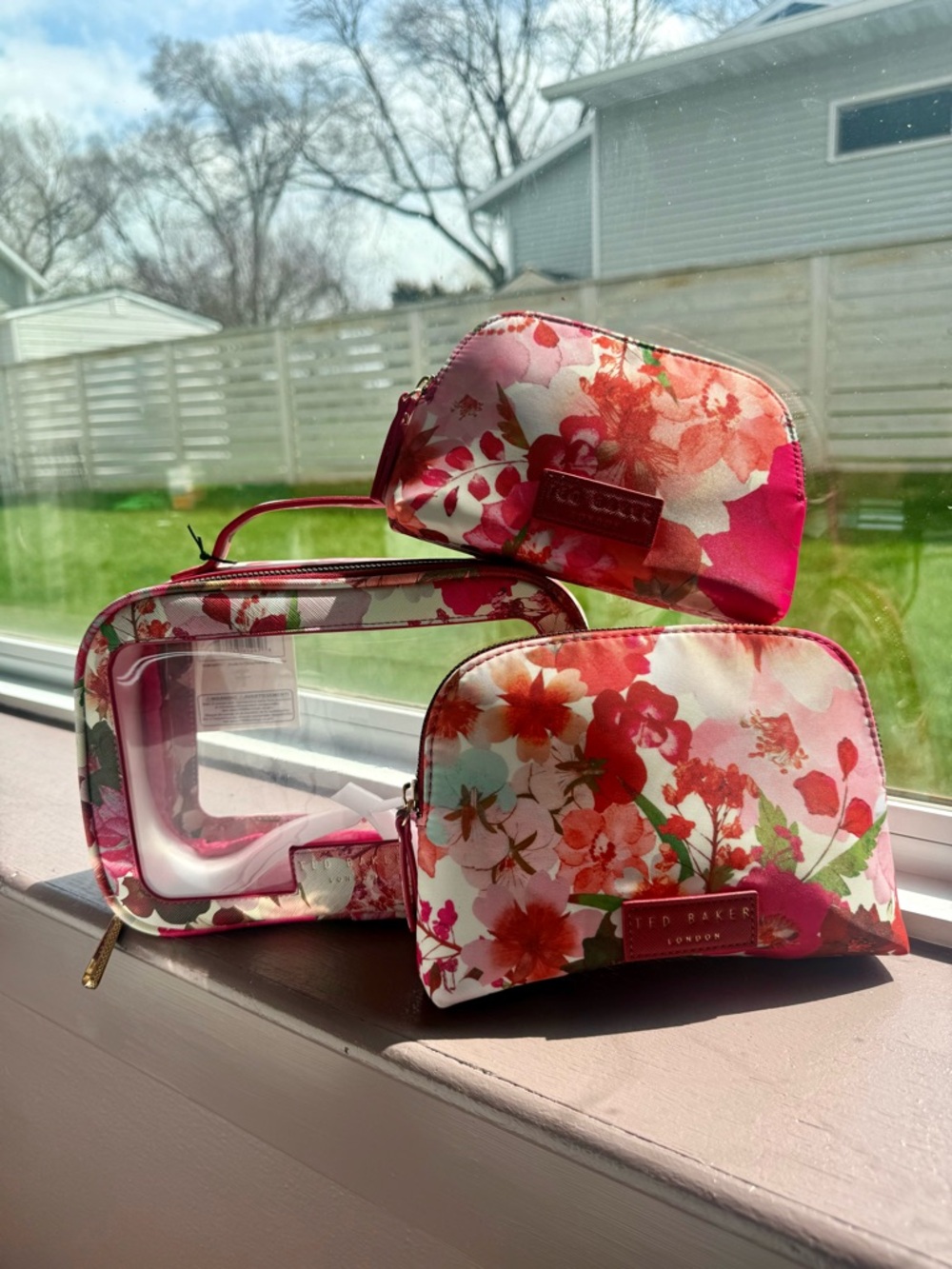 NWT Ted Baker 3-Piece Black Floral Cosmetic Pouch Set